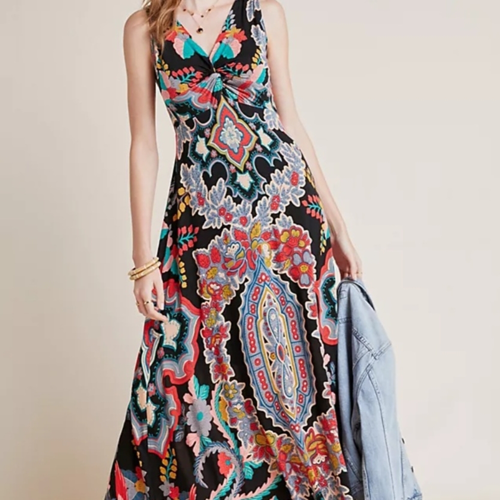 Maeve Anthropologie Floral Maxi Dress - Black and Multicolor Medium